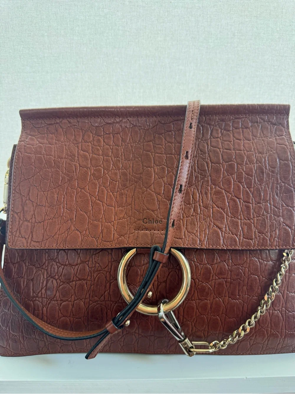 Authentic Chloé Large Faye Brown Croc Embossed Leather Shoulder Bag